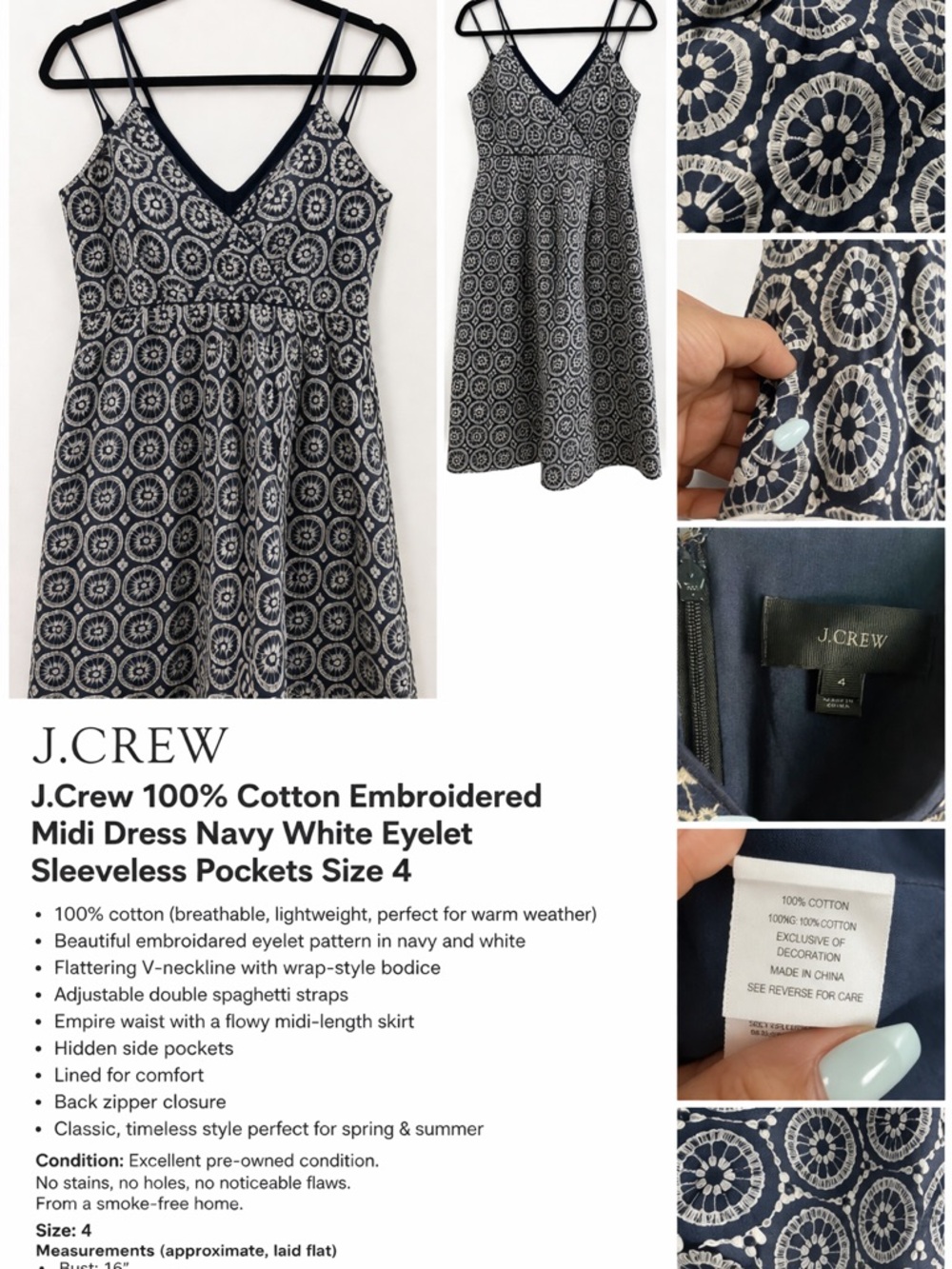 J.Crew Embroidered Midi Dress Eyelet Lace Sleeveless Pockets 100% cotton